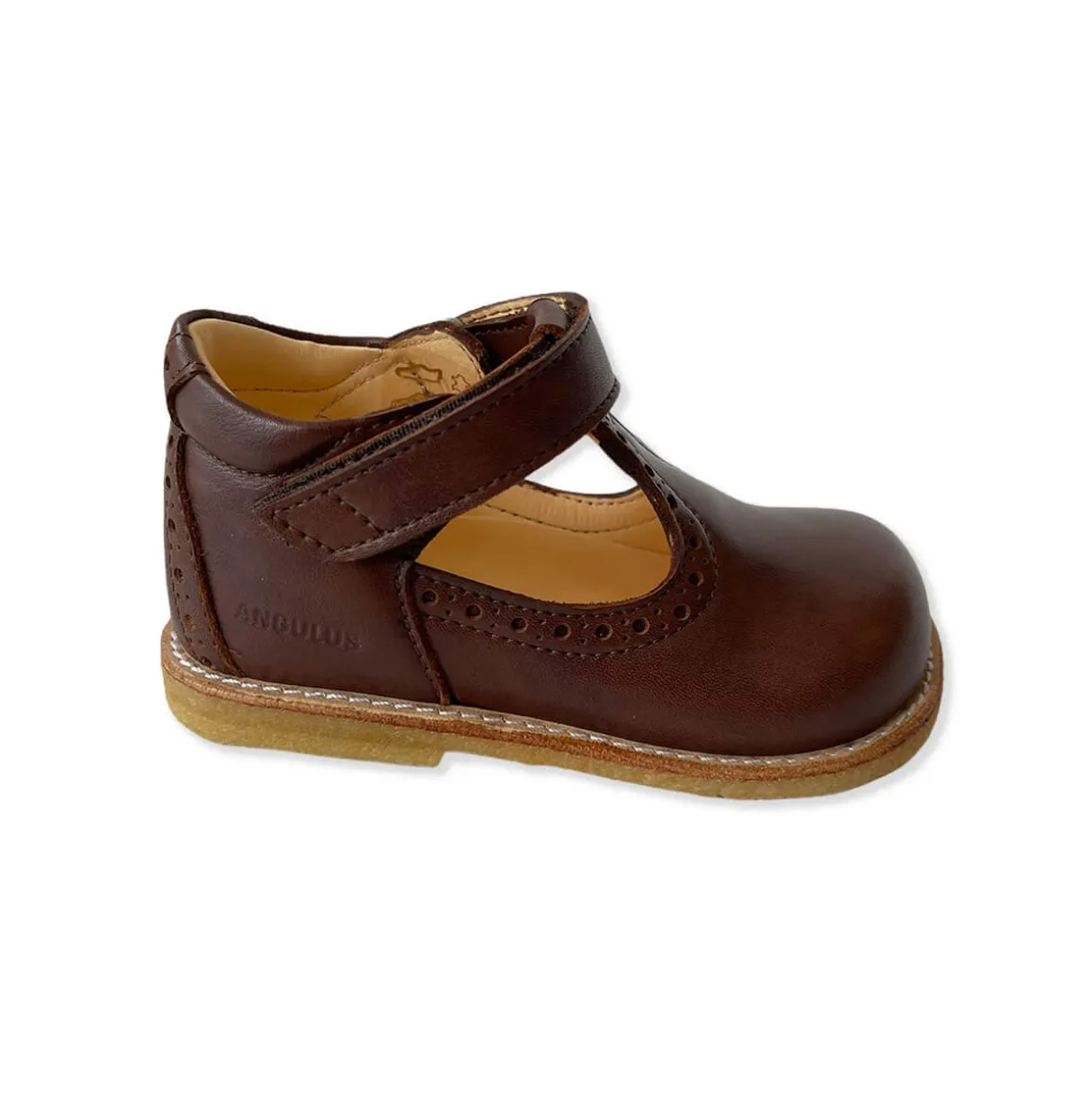 Wide Fit Brogue T Bar Starter Mary Janes in Angulus Brown by Angulus