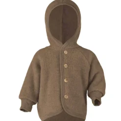 Wool Fleece Hooded Baby Jacket with Wooden Buttons in Walnut by Engel