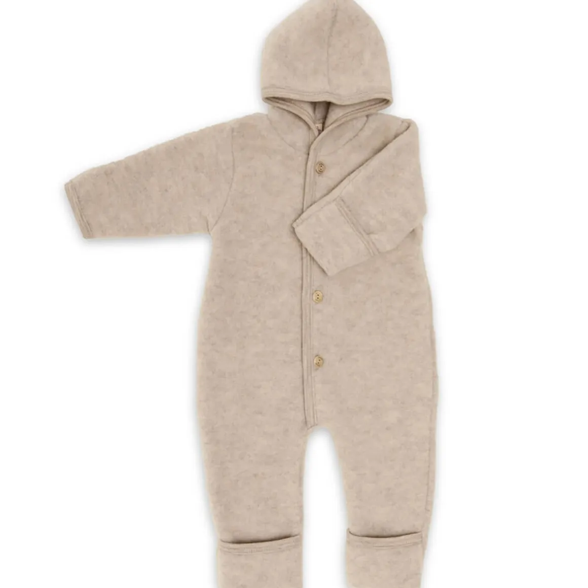Wool Fleece Hooded Baby Overall with Buttons in Sand Melange by Engel