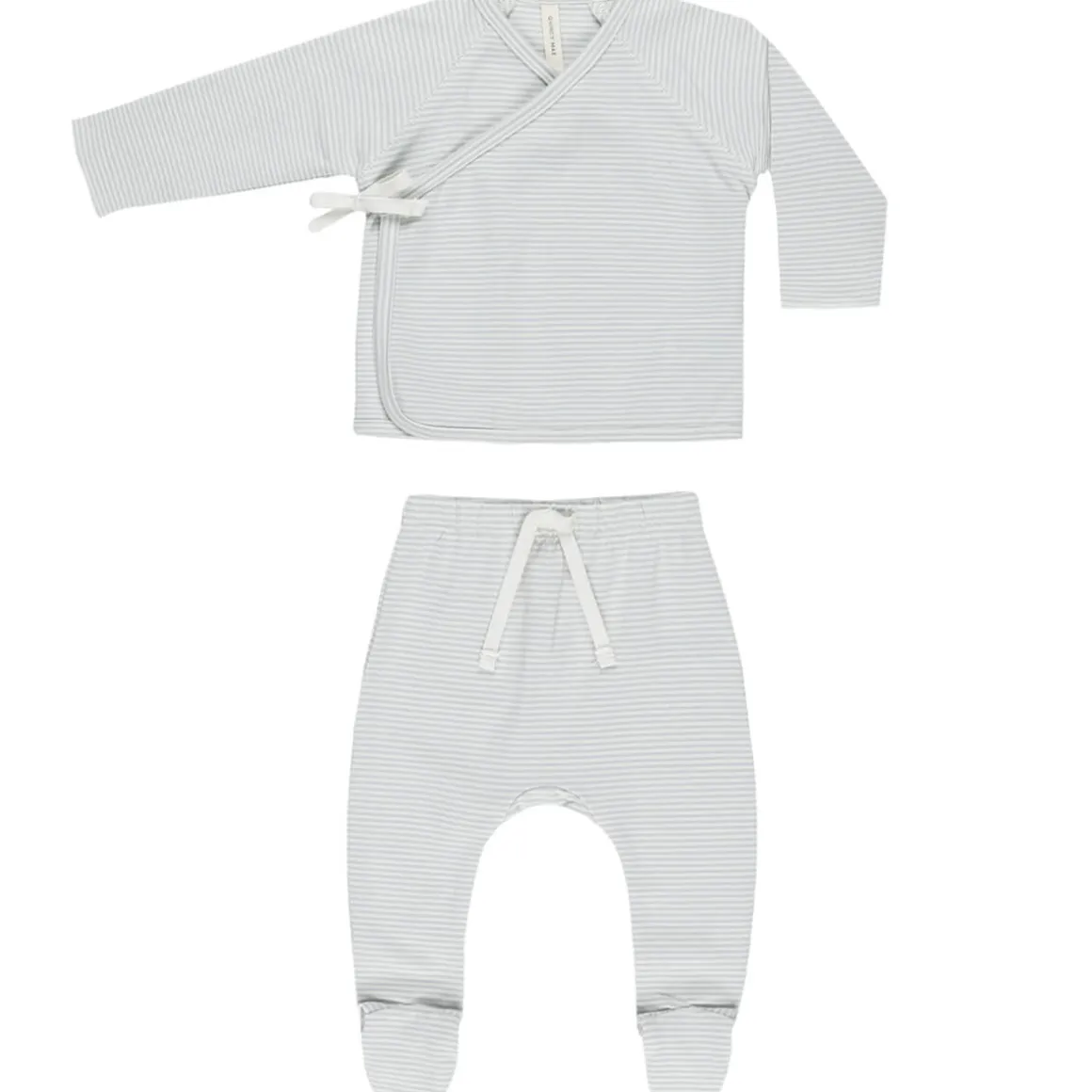 Wrap Top and Footed Pant Set in Sky Micro Stripe by Quincy Mae