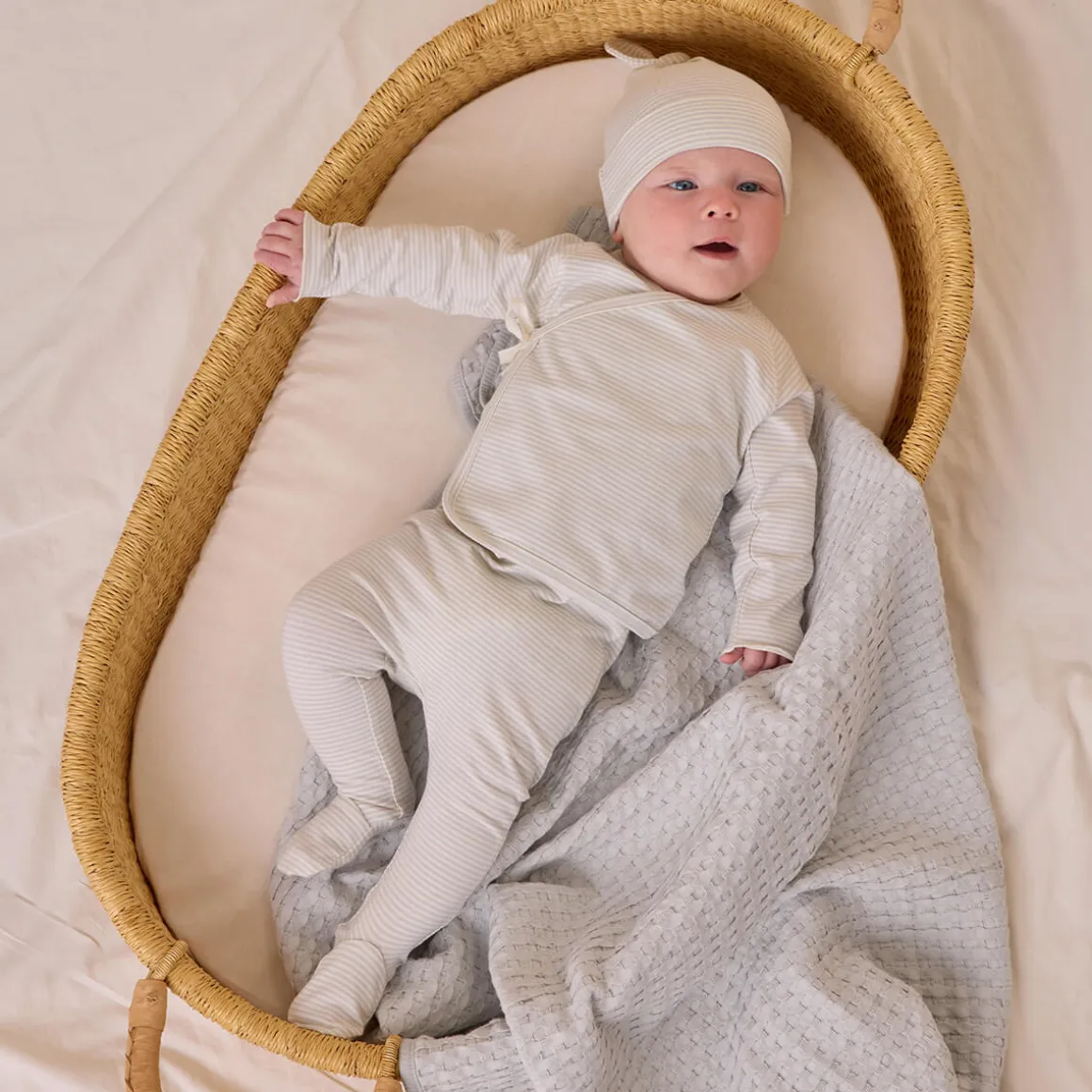 Wrap Top and Footed Pant Set in Sky Micro Stripe by Quincy Mae